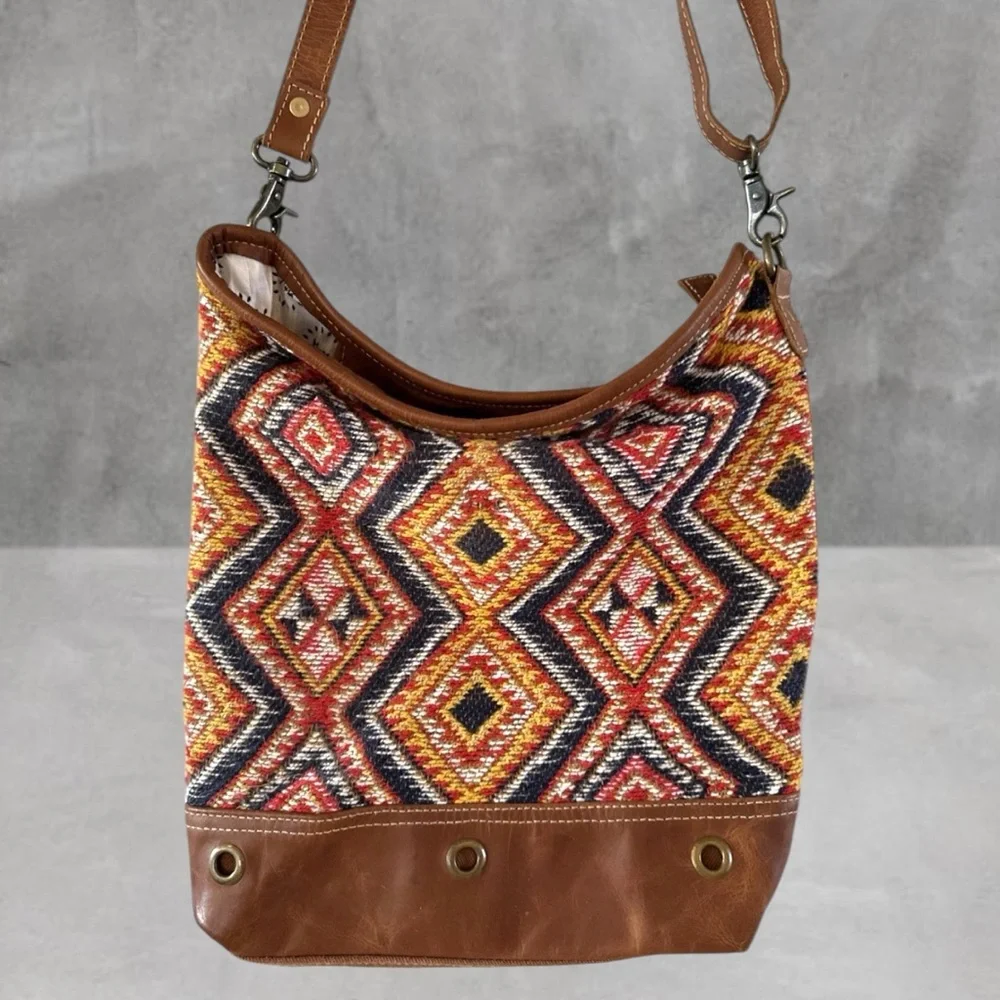 Myra Bag Multicolor Woven Crossbody with Brown Leather Trim
